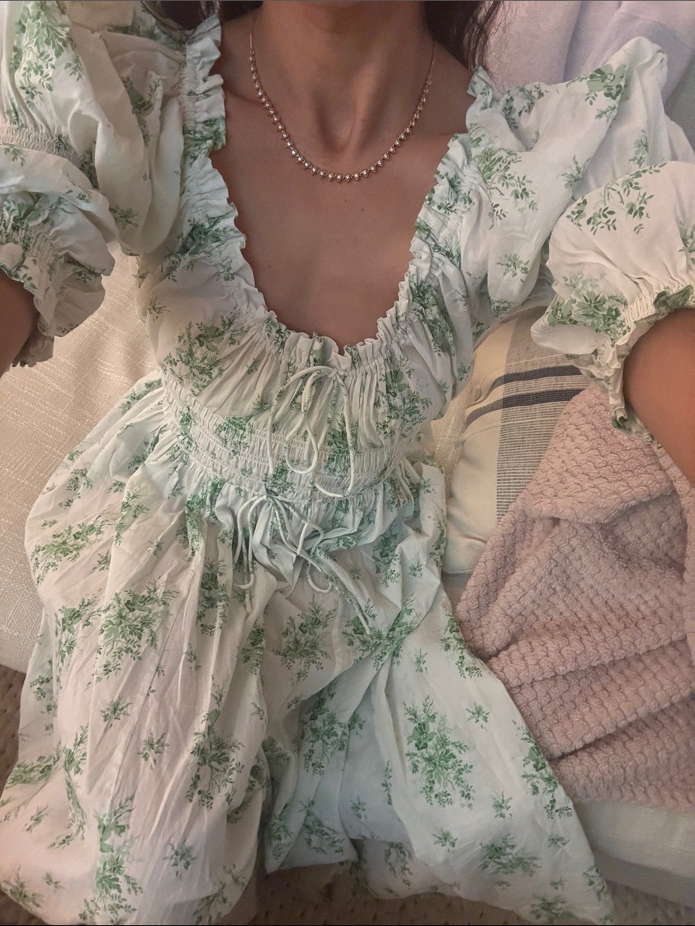 Doen White Peasant Top with Green Floral Print
